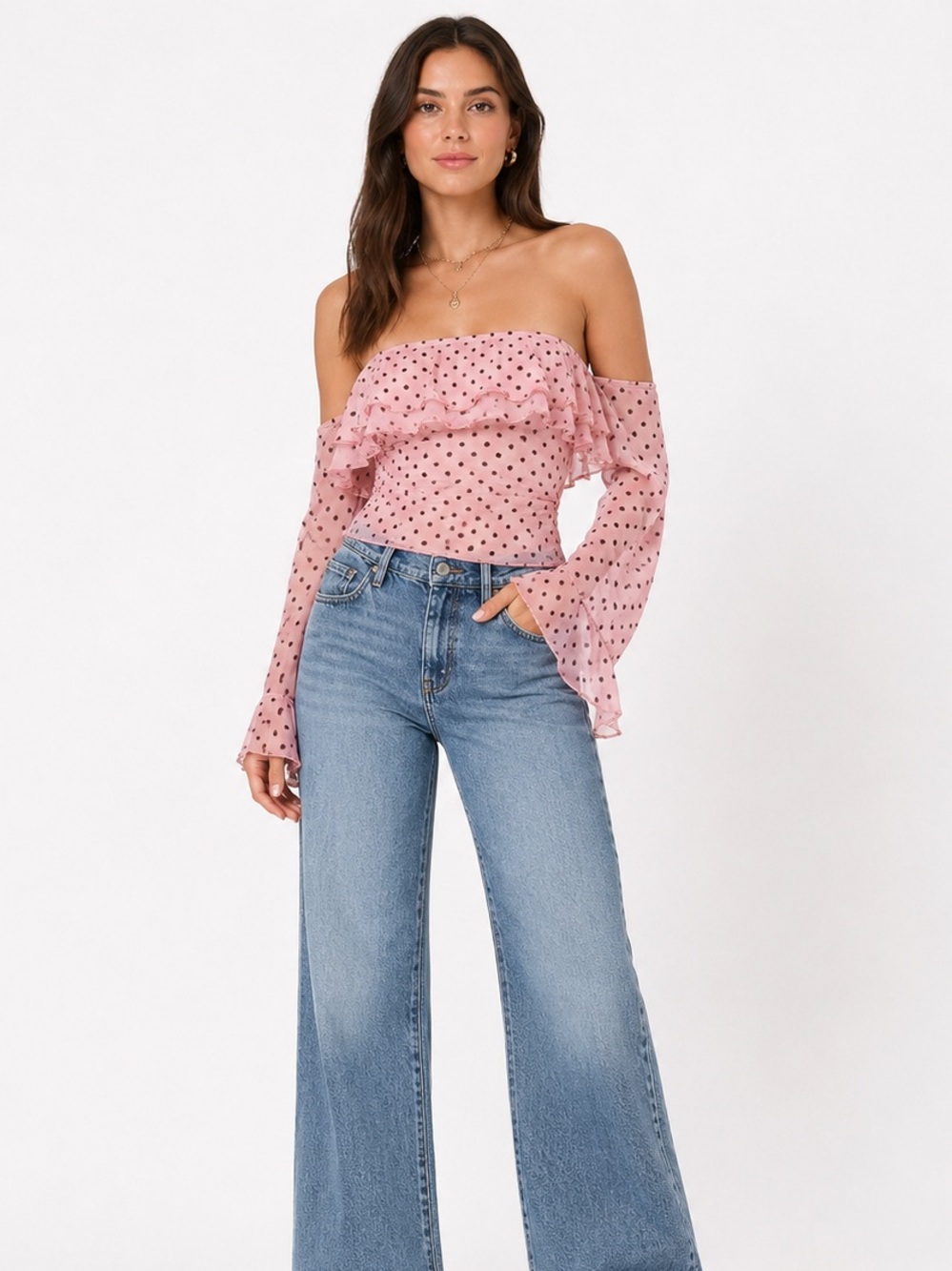 Off-Shoulder Pink Polka Dot Ruffle Blouse